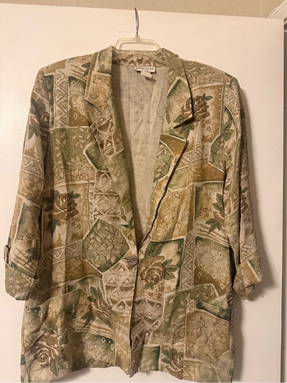 Laura Tyler Vintage-Inspired Green & Tan Floral Patchwork Blazer Size L